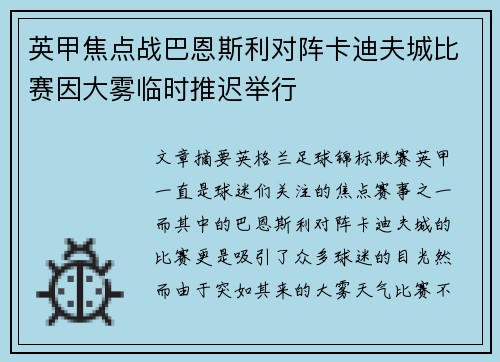 英甲焦点战巴恩斯利对阵卡迪夫城比赛因大雾临时推迟举行