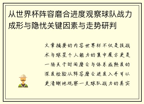 从世界杯阵容磨合进度观察球队战力成形与隐忧关键因素与走势研判